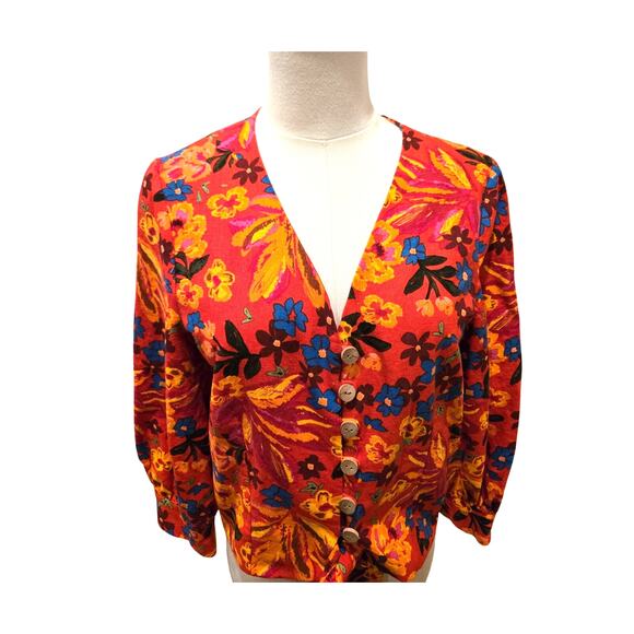 Maison d' Amelie Anthropologie Linen Blend Colorful Floral Crop Tie Hem Top XS - Picture 3 of 11